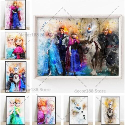 Disney Canvas Poster Watercolor FROZEN 2 Anna Elsa Canvas Painting Poster and Prints Disney Princess Nursery Wall Art for