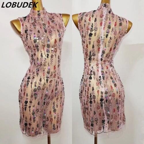 Pink Mesh Glitter Sequin Embroidery Sleeveless Dress Women Singer Bar Club Evening Birthday Party Stage Sexy Transparent Dresses