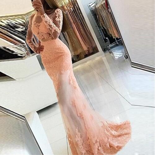 Sexy Illusion Bodice O-neck Open Back Lace Beadings Tulle Pink Mermaid Long Sleeve Prom Dresses Women Prom Gown robe de soiree