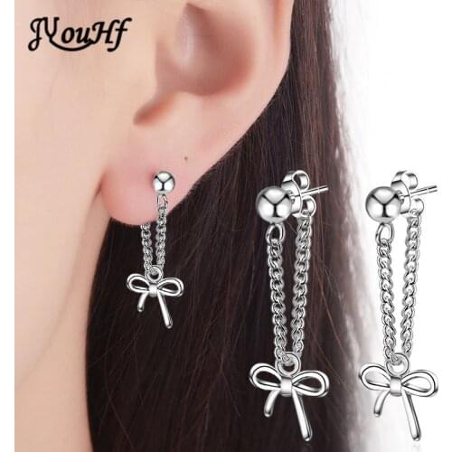 JYouHF Brand Silver Color Stud Earring Small Bow Pendant with Ear Wire Chain Earrings for Women Female Fashion Jewelry Gift