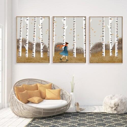 Nordic Painting Abstarct Forset Girl Art Canvas Poster Modern Living Room Oil Pictures Nursery Bedroom Prints Interior Decor