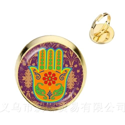 Vintage Hamsa Hand Adjustable Rings Evil Eye Glass Cabochon Silver/Golden Plated Rings Charms Fatima Jewelry For Women Gift