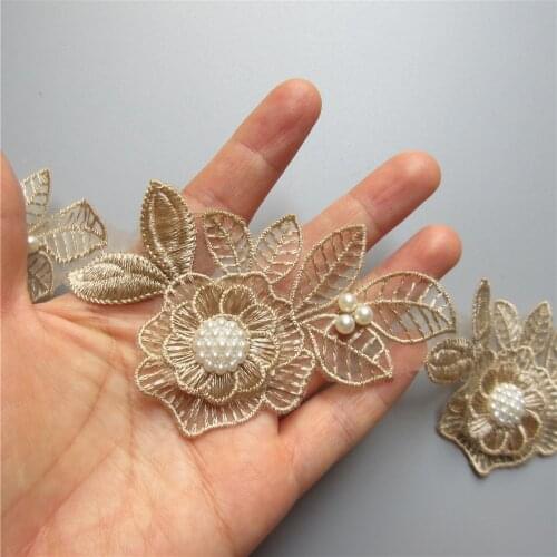 5x Gold Pearl Flower Leaf Embroidered Lace Trim Ribbon Fabric Patchwork Sewing Supplies Craft For Dress Clothes Decoration