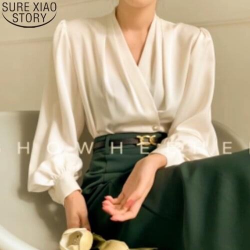 New Female Solid Loose Shirt French Style Elegant Satin Blouse Office Lady Fashion V-neck Shirt Autumn Long Sleeve Tops 16882