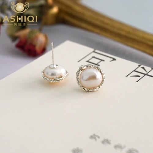 ASHIQI Handmade Real 925 Sterling Silver Stud Earrings for Women Natural Freshwater Pearl Jewelry Fashion Jewelry 2020 Gift