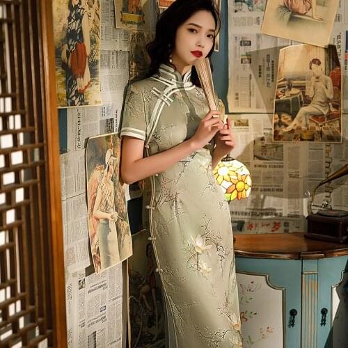 Vintage Broadside Womens Short Sleeve Traditional Long Qipao Summer Jacquard Satin Printed Cheongsam Dress Size S -4XL