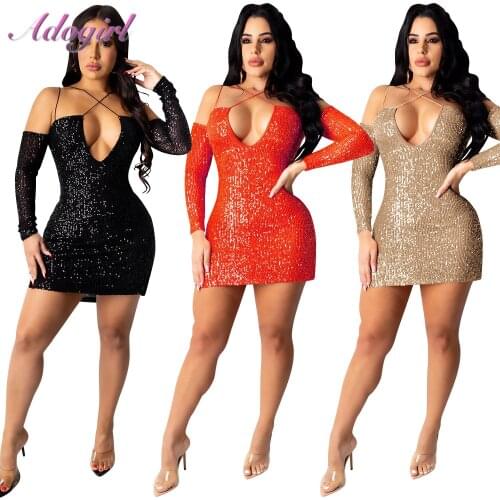 Sexy Sequins Spaghetti Strap V-Neck Off Shoulder Bodycon Midi Dress Women Elegant Bandage Party Clubwear Mini Dresses Vestidos