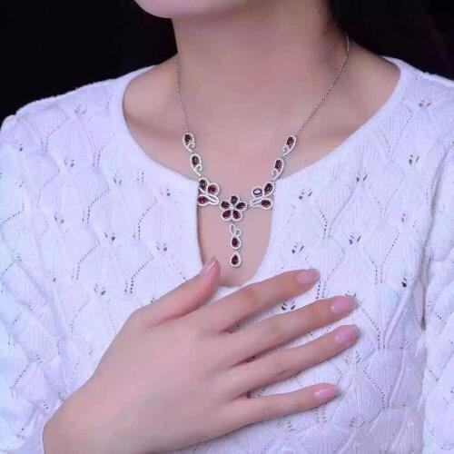 Luxurious Red Garnet Flower Necklace for Women, Rose Gold, Silver 925 Jewelry, 4*6mm*17pc Gemstone, Velvet Box Certificate FN208