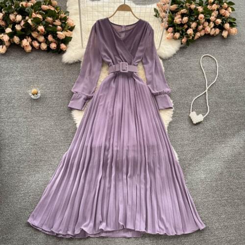 Purple/Red Chiffon Pleated Long Dress Women Lantern Sleeve Round Neck Hollow Out Vestidos Female Vintage Robe Spring Autumn 2021