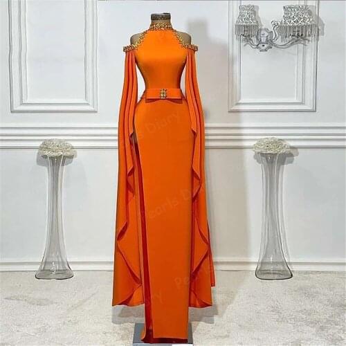 New Arrival Orange Evening Dresses High Neck Beaded with Rhinestones Dubai Arabic Mermaid Prom Dress Party Celebrity Dress 2021
