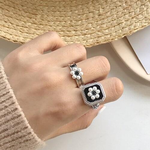 Audrey style vintage old pearl flower personality temperament ring 925 silver Thai silver open ring