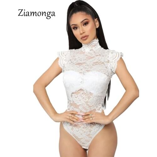 Ziamonga Black White Red Lace Bodysuit Turtleneck Short Sleeve Slim Sexy Bodysuit Summer 2019 Elegant Body Women Tops bodysuits