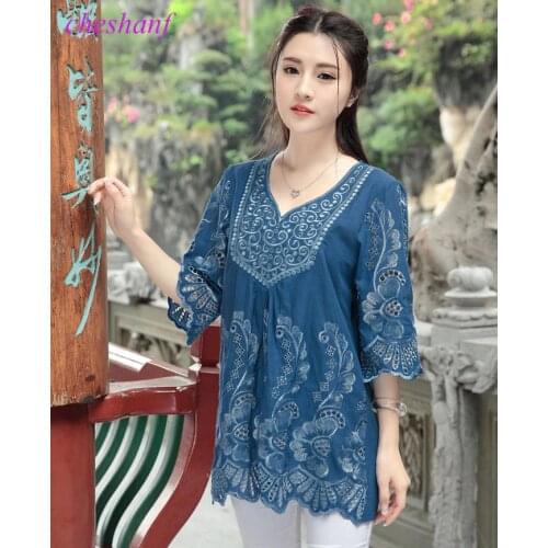 2021 Casual Summer Women Blouses Vintage Embroidery Blouse Loose Floral Boho Tops Womens Clothing Plus Size Femme Blusa