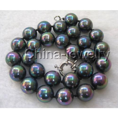 Fast Gorgeous! 17" 14mm perfect round black south sea shell pearl necklace A