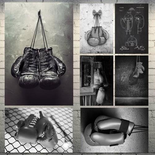 Gym Wall Decoration Poster Black White Boxing Gloves Canvas Wall Art Prints Men Room Decor Picture for Living Room Frameless