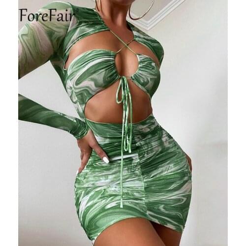 Forefair Tie Dye Print Sexy Bodycon Dress Hollow Out Bandage Ruched Long Sleeve Autumn Women Fashion Y2k Green Mini Dress Party