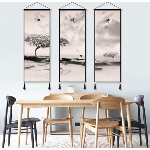 Chinese Style Ink Painting Landscape Canvas Decorative Painting Wood Scroll Wall Hanging Decor Living Room Wall Art Poster