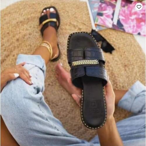 Classic New 2021 Women Flat Flip Flops Double Chain Sandal Slippers Shoes Women Lady Flats Slippers Sandals Mujer