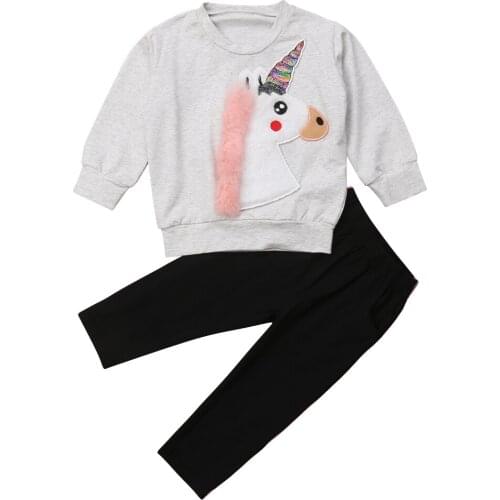 Kids Baby Girls Unicorn Sweatshirt Tops+Casual Black Pants 2pcs Outfits Set Clothes