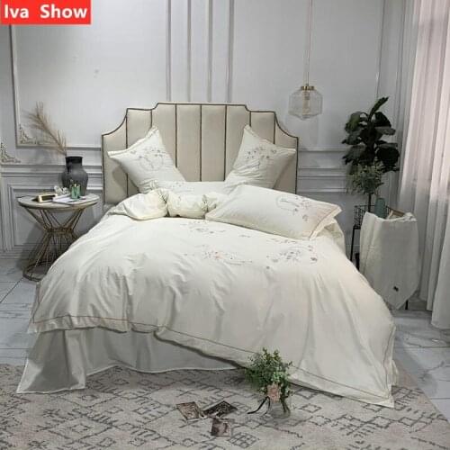 Iva Show White Light luxury Cotton Embroidery Four Bedding Set+ Pure Cotton Bed Sheet+Embroidered Bedding+Queen/King Size