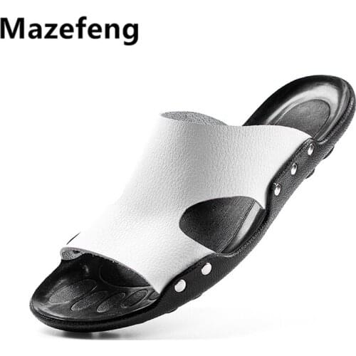 Mazefeng 2019 New Summer Rivet PU Leather Slippers Men High Quality Beach Slippers Fashion Man Casual Shoes Antiskid Flip Flops