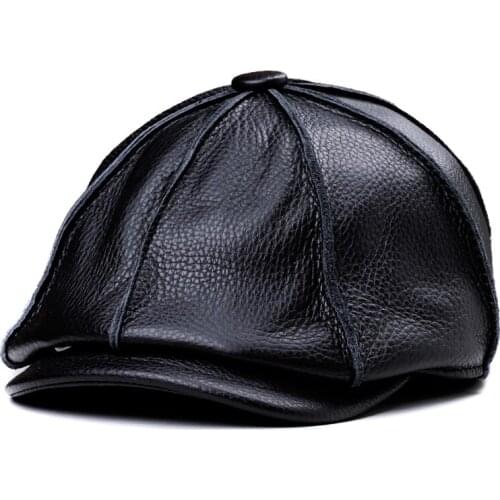 Mens Leather Octagonal Artist Hat Autumn And Winter Single Middle-Aged Fashion Leather Ear Protection Warm Hat/Caps