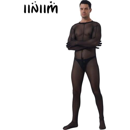 Mens Lingerie See-through Mesh Bodystocking Zipper Crotch Bodysuit Nightclub Stage Performance Costume Sheer Skinny Jumpsuits