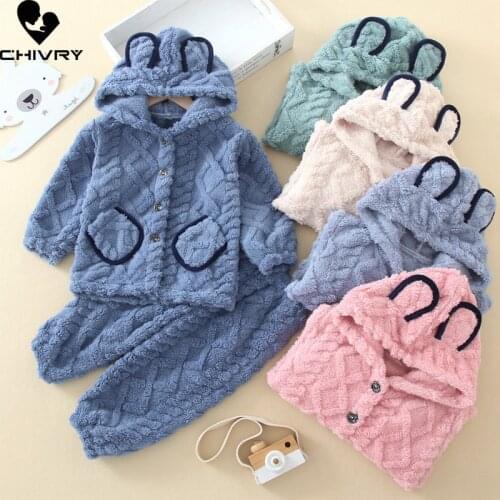 New Kids Flannel Pajama Sets Boys Girls Autumn Winter Thicken Warm Home Wear Children Hooded Long Sleeve Sleeping Clothing Sets
