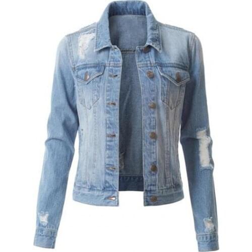 2021 Autumn Winter Denim Coat Solid Color Ripped Washed Single Breasted Lapel Jeans Jacket Streetwear Womens Clothing