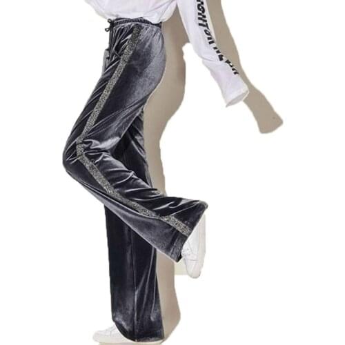 Autumn Gold Plus Velvet Wide-leg Pants Women Harajuku High Waist Straight Trousers Women Shiny Side Striped Loose Track Pants 12