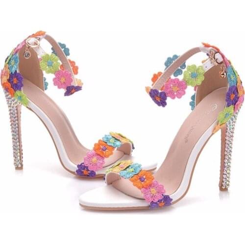 Women Sandals Crystal Stilettos High Heeled 11CM Wedding Flower Sandals Women Shoes Female Ankle Strap Pointed Toe Party Shoes