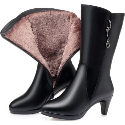 New Fashion Winter Boots In-tube Genuine Leather Boots Non-slip High Heel Shoes Women Warm Shoes Plush / Wool Boots Snow Boots