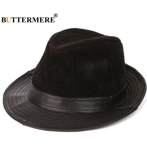 BUTTERMERE Wide Brim Fedora For Men Black Trilby Hat Male Genuine Leather Casual Jazz Caps Autumn Winter Fashion Pork Pie Hats