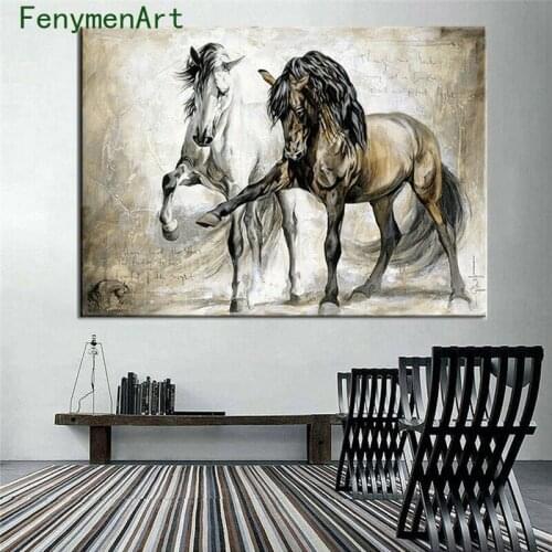 Nordic Black White Horses Canvas Painting Classic Animal Posters Prints Vintage Wall Art Picture Living Room Home Decor