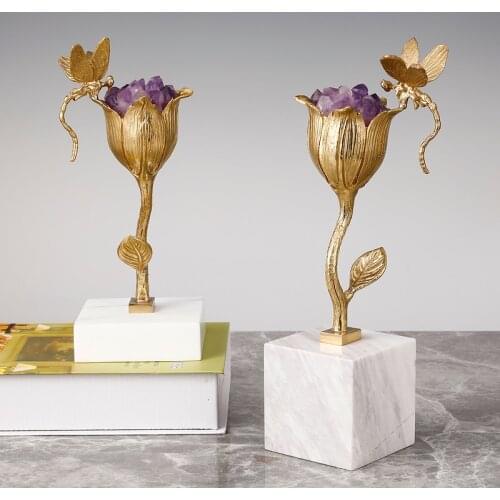Modern Golden Brass Dragonfly Resting On Blooming Tulip Flower With Purple Natural Spar Figurines Home Crafts Accessories Gifts