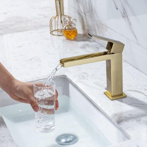 Tuqiu Hot Cold Brush Gold Basin Faucet Bathroom Waterfall Sink Faucet Single Lever Brass Crane Water Mixer