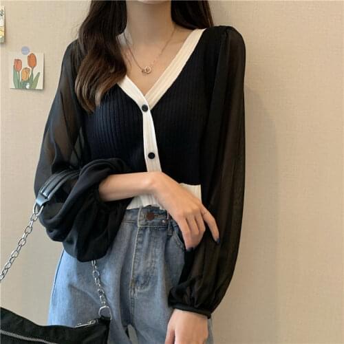 2021 spring and autumn short soft waxy T-shirt splicing ChiffonV-neck show thin Lantern Sleeve womens clothing