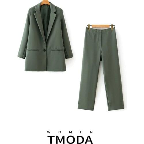 TMODA430 Vintage Women Elegant Green Black Suits 2020 Fashion Ladies Two Piece Set Blazer Suits Casual Female Slim Long Pant