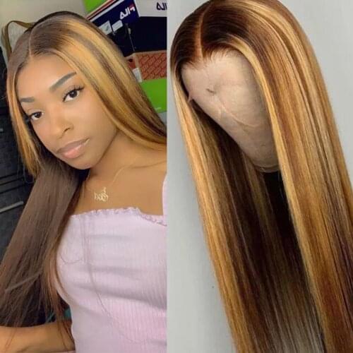 YMS Highlight Wig Brown Colored Remy Human Hair Wigs 13X4 Ombre Straight Lace Front Wig Highlight Lace Front Human Hair Wigs