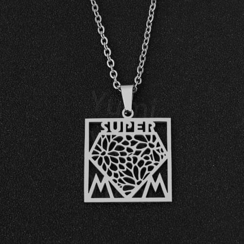 Women Stainless Steel Chain Necklace For Mothers Day Jewelry Hollow Carving SUPER LOVE BEST MOM Square Pendant Necklace