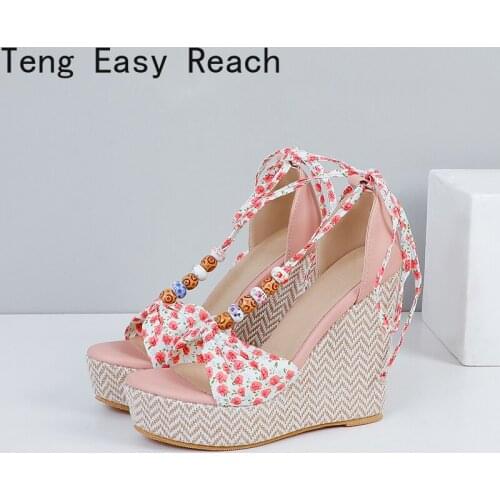 Women Summer Wedge Sandals Female Open Toe Floral Bowknot Platform Bohemia High Heel Sandal Fashion Ankle Strap Sandals New