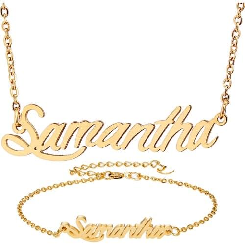 Gold Name Necklace " Samantha " Script Jewelry Set for Women Gold Choker Chain Choker Pendant Nameplate Bracelet Set Gift