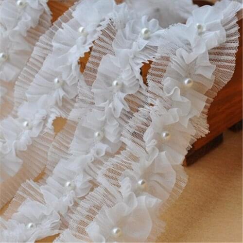 10Yards 4cm White Two Layers Chiffon Ruffle Lace Fold Skirt Cuffs Doll Dress Pearl Lace Trim Wedding Dress DIY Accessories