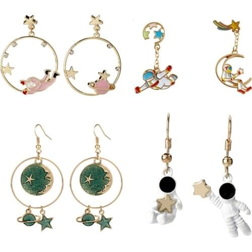 Asymmetric Pentagram Moon Star Earrings Simple Space Star Astronaut Rocket Earrings For Women Lady Ear Jewelry