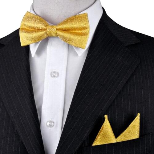 Free Shipping Solid Yellow Gold Mens Bow Tie Set Tuxedo Pre-tied 100% Silk Handkerchief Adjustable Wholesale Casual Party