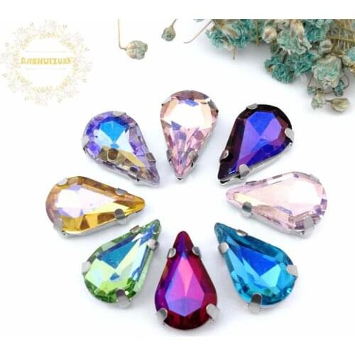 Dazzle AB color Water drop shape Glass Crystal sew on rhinestones with claw Diy Clothing accessories 8*13mm 20PCS