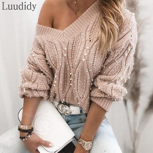 Women Solid Cut-out Lace-up Long Sleeve Beaded Knit Sweater Women Imitation Pearl Top