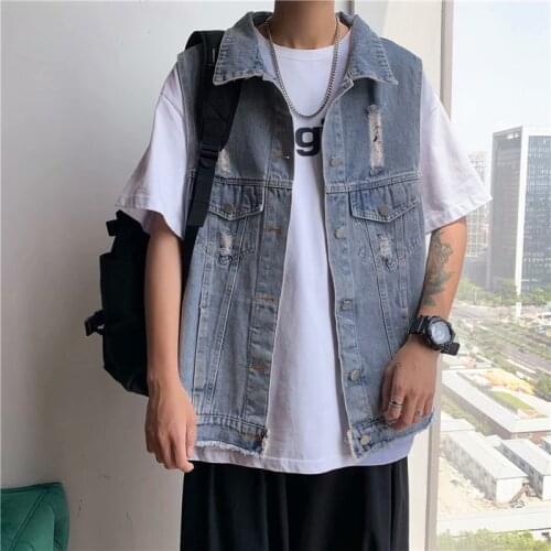 Denim vest mens spring and summer outer wear vest Korean version of the trend waistcoat hole retro Hong Kong style vest