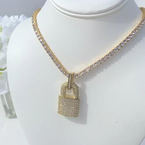 European Women Fashion Jewelry Iced Out Bling 5A Cubic Zirconia CZ Lock Pendant Necklace Top Quality