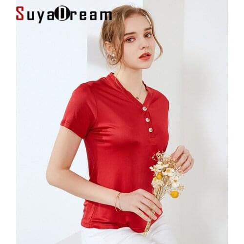SuyaDream Women Solid T Shirt 30%Silk 70%Viscose V Neck Short Sleeves Chic Shirt 2021 Spring Summer Khaki Silk Top XXXL